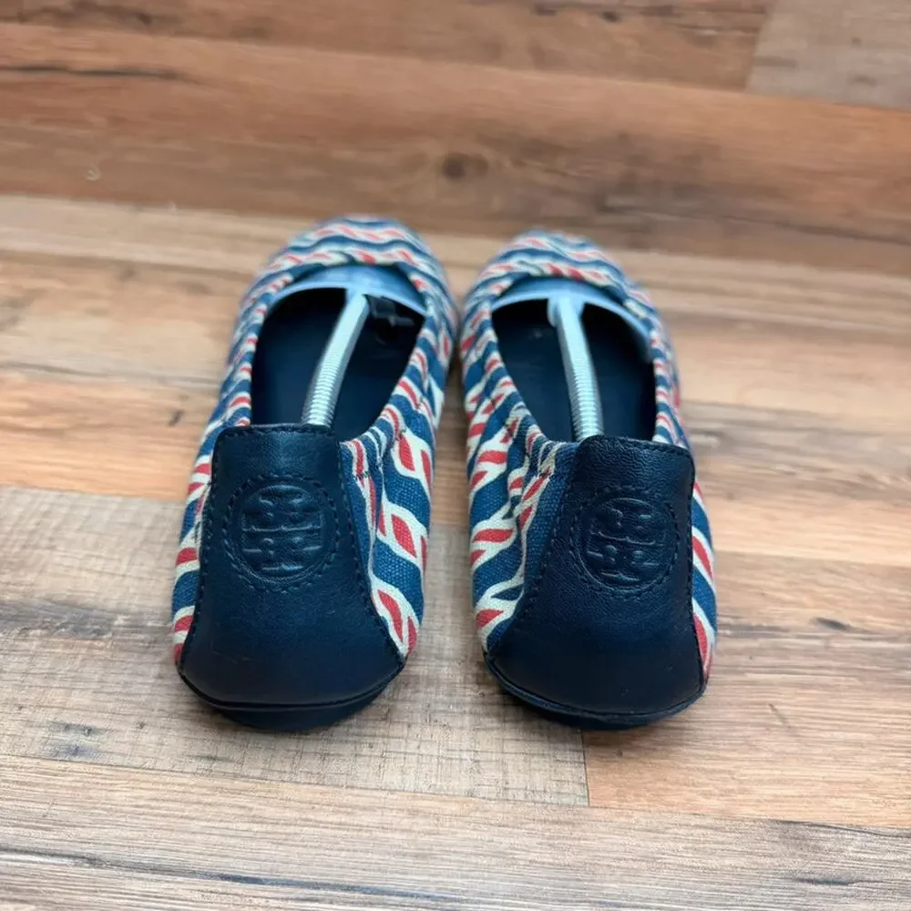 Tory Burch size 9.5 Blue & Red Striped Leather Flats